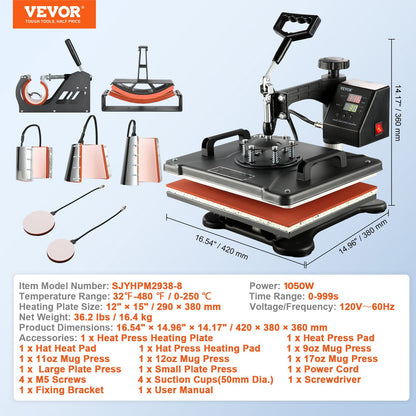 VEV värmepress 8 i 1 värmepressmaskin 38x30cm T-shirtpress muggtryckmaskin multifunktionell värmeöverföringsmaskin för T-shirt mugg hattplatta sublimeringstryck