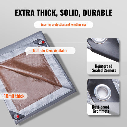 Vattentät presenning 487,7 x 609,6 cm, plastpolypresenning 0,25 mm, mångsidig, rivstark, UV- och temperaturbeständig utomhuspresenning med förstärkta öljetter och hög hållbarhet (silver/brun)