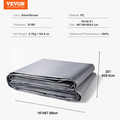 Vattentät presenning 487,7 x 609,6 cm, plastpolypresenning 0,25 mm, mångsidig, rivstark, UV- och temperaturbeständig utomhuspresenning med förstärkta öljetter och hög hållbarhet (silver/brun)