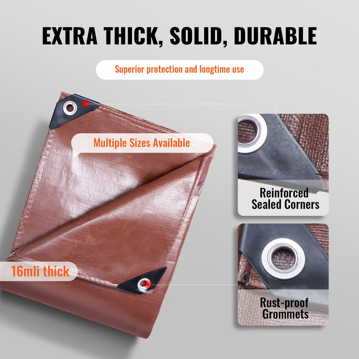 Presenning 609,6 x 1219,2 cm 0,41 mm extra tjock, vattentät presenning av polyplast, mångsidig utomhuspresenning med öljetter och förstärkta kanter för lastbil, husbil, båt, camping (brun)