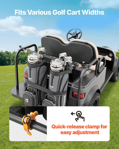 Hållare för golfbilsbag, 1370 x 195 x 60,5 mm, kompatibel med de flesta 2+2 golfbilars baksäten med 1,2-tums fyrkantiga rör, justerbar klubbhållare för baksätet med rem, ingen borrning krävs