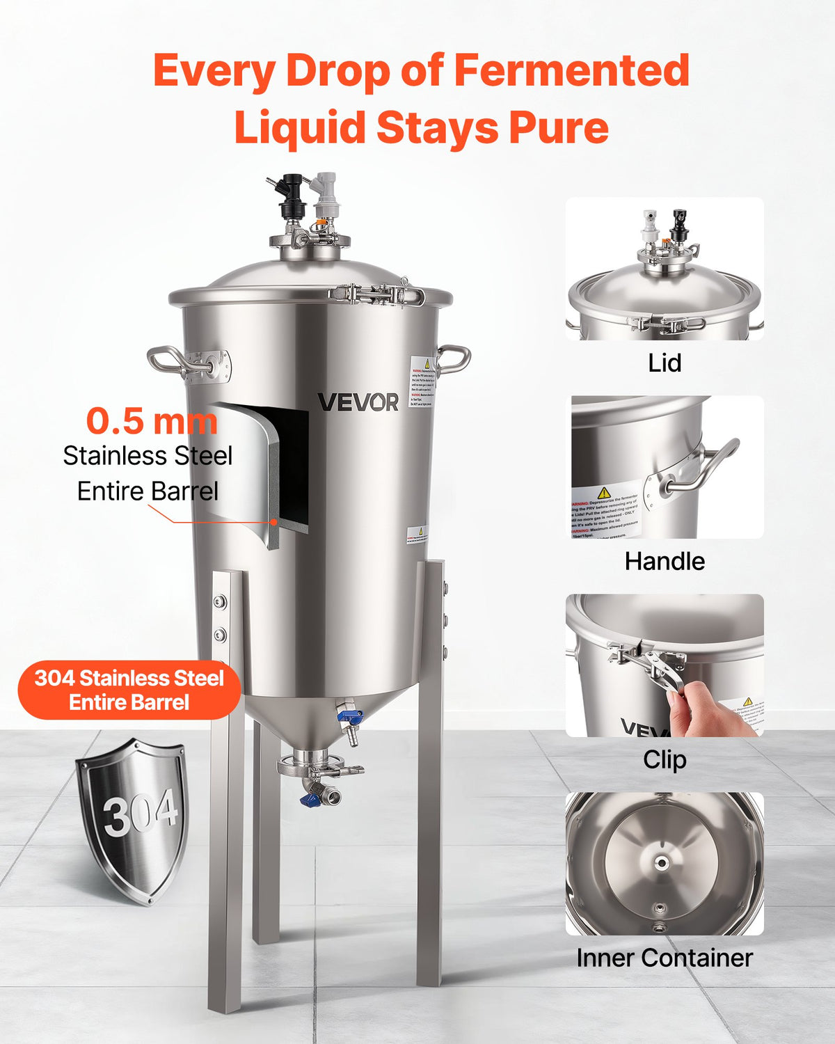 Stainless Steel Conical Fermenter, 8 Gal/30L Home Brewing Fermenation Tank, Brew Bucket Fermentor with Conical Bottom, 3 Adjustable Legs, Lid, Handle & Thermometer, for Wine, Beer Fermentation