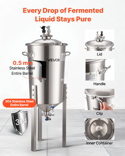 Stainless Steel Conical Fermenter, 8 Gal/30L Home Brewing Fermenation Tank, Brew Bucket Fermentor with Conical Bottom, 3 Adjustable Legs, Lid, Handle & Thermometer, for Wine, Beer Fermentation