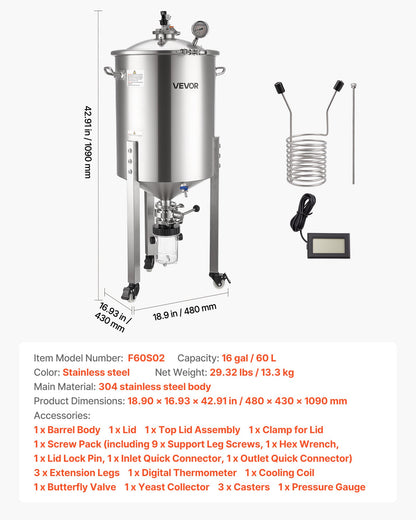 Stainless Steel Conical Fermenter, 16 Gal/60L Home Brewing Fermenation Tank, Brew Bucket Fermentor with Conical Bottom, 3 Caster Wheels, Lid, Handle & Thermometer, for Wine, Beer Fermentation