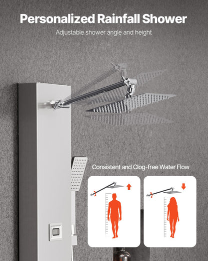 Duschpaneltornsystem med regnduschmunstycke, LED, 122 cm duschpelare i borstat rostfritt stål, kran med 4 funktioner, väggmonterat regnmassagesystem med 6 kroppsstrålar, handhållen dusch och badkarspip