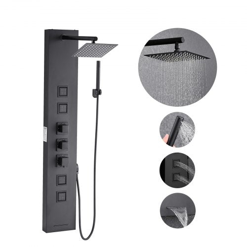 Duschpaneltornsystem med regnduschmunstycke, 122 cm duschpelare i borstat rostfritt stål, kran med 4 funktioner, väggmonterat regnmassagesystem, med 4 kroppsstrålar, handhållen dusch och badkarspip