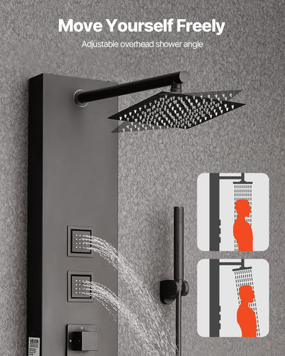 Duschpaneltornsystem med regnduschmunstycke, 122 cm duschpelare i borstat rostfritt stål, kran med 4 funktioner, väggmonterat regnmassagesystem, med 4 kroppsstrålar, handhållen dusch och badkarspip