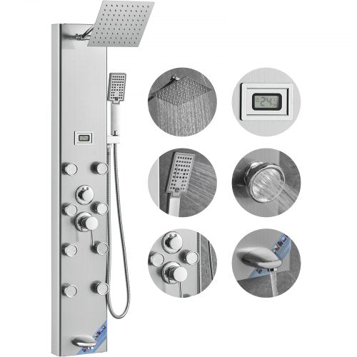 Duschpanelsystem, 6 duschlägen, digital display, duschpaneltorn, regnvatten, 8 massagestrålar, badkarspip, handhållet duschmunstycke med 3 lägen, 133 cm slang, väggmonterat duschset i rostfritt stål