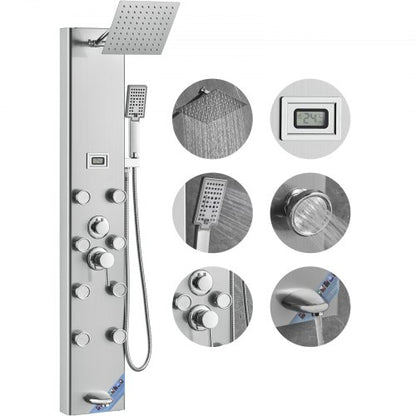 Duschpanelsystem, 6 duschlägen, digital display, duschpaneltorn, regnvatten, 8 massagestrålar, badkarspip, handhållet duschmunstycke med 3 lägen, 133 cm slang, väggmonterat duschset i rostfritt stål