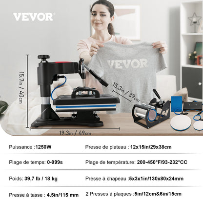 Värmepress, 5-i-1 värmepressmaskin 30,48 x 38,1 cm, Clamshell sublimeringsskrivare Snabb uppvärmning, Digital exakt temperaturkontroll, Vinylvärmepress för T-shirt, tallrik, mugg, kopp, 1250 W