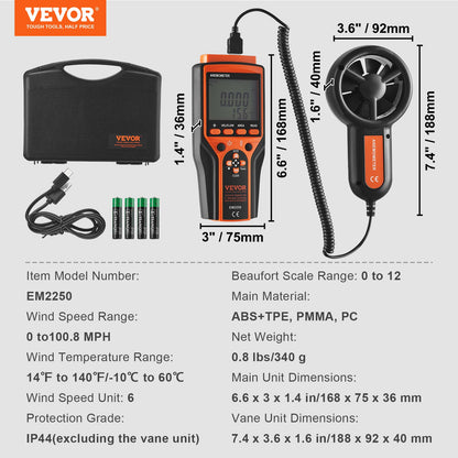 Delad handhållen anemometer, 14℉-140℉, digital vindhastighetsmätare CFM med LED-bakgrundsbelyst skärm, mäter vindhastighet, vindtemperatur, luftflöde, vindkylning, för segling, surfing, flygning, HVAC