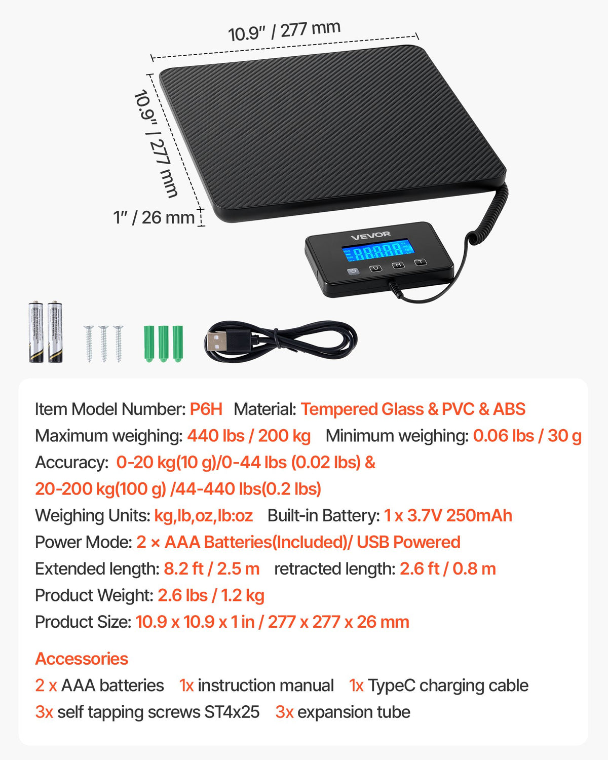 Digital Postal Scale, 10 g/100 g Dual Accuracy, 200 kg Commercial Weight Scale with Hold/Tare Function & LCD Display, Fit for Packages, Postage, Luggage, Battery & Charging Cable Included