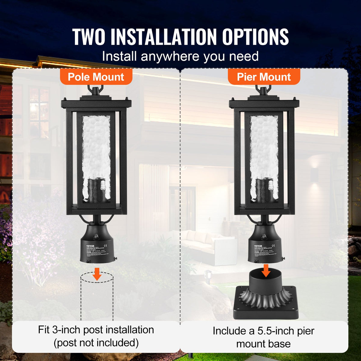 2-pack Dusk to Dawn utomhuslampa, 450 mm, vattentäta lyktstolparmaturer med 3,5 tums pelarmatur i glas med fot, blixtsäker utomhuslampa för uteplats, trädgård, gångväg