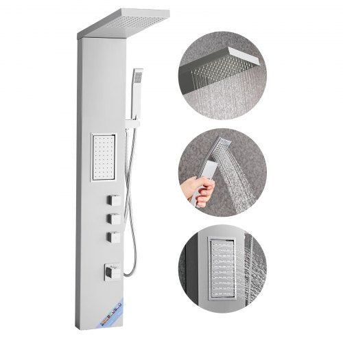 Duschpaneltornsystem med regnduschmunstycke, 133 cm duschpelare i borstat rostfritt stål, 3-funktionsblandare, väggmonterat högtryckssystem för regnmassage, med stor kroppsstråle, handhållen