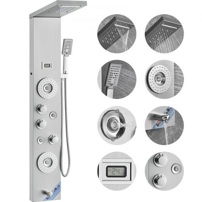 Duschpanelsystem, 6 duschlägen, LED- och displayduschpaneltorn, regn, vattenfall, 4 massagestrålar, badkarspip, handhållet duschmunstycke 137 cm slang, väggmonterat duschset i rostfritt stål