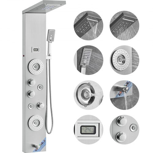 Duschpanelsystem, 6 duschlägen, LED- och displayduschpaneltorn, regn, vattenfall, 4 massagestrålar, badkarspip, handhållet duschmunstycke 137 cm slang, väggmonterat duschset i rostfritt stål