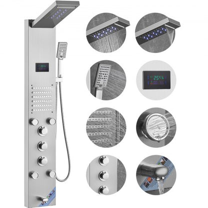 Duschpanelsystem, 6 duschlägen, LED- och skärmmonterad duschpanel med vattenkraft, regndusch, vattenfall, 5 massagestrålar, badkarspip, handdusch, väggmonterad duschset i rostfritt stål