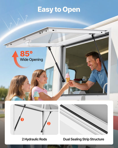 Koncessionsfönster 92x61 cm, servicefönster med aluminiumram för food truck, upp till 85 graders ställfönster med markisdörr och dragkrok, regnvattentåligt för koncessionsvagnar