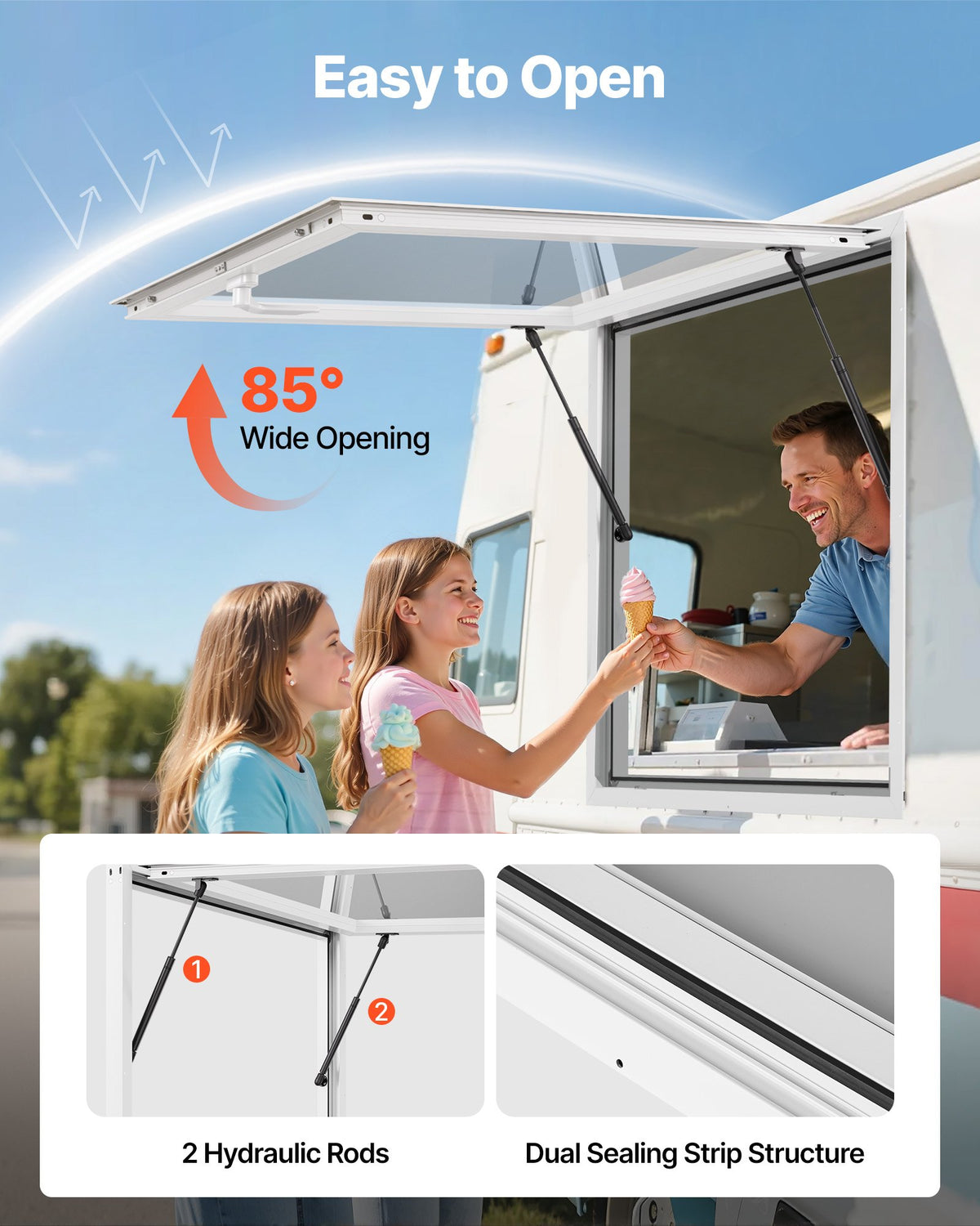 Koncessionsfönster 92x92 cm, servicefönster med aluminiumram för food truck, upp till 85 graders ställfönster med markisdörr och dragkrok, regnvattentåligt för koncessionsvagnar