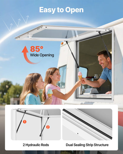 Koncessionsfönster 92x92 cm, servicefönster med aluminiumram för food truck, upp till 85 graders ställfönster med markisdörr och dragkrok, regnvattentåligt för koncessionsvagnar