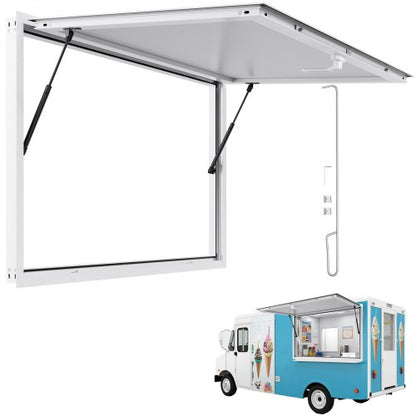 Koncessionsfönster 135x84 cm, servicefönster med aluminiumram för food truck, upp till 85 graders ställfönster med markisdörr och dragkrok, regnvattentåligt för koncessionsvagn