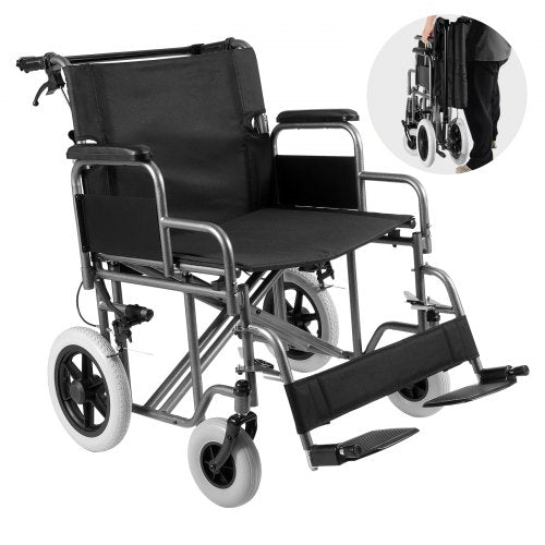 Rullstol, transportstol i kolstål för vuxna, hopfällbar rullstol med avtagbart armstöd, självlåsande broms, 61 cm brett säte, 136 kg viktkapacitet, för funktionshindrade som rör sig fritt