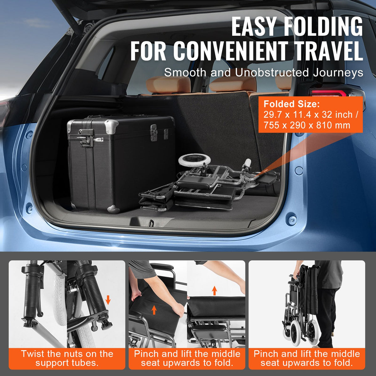 Wheelchair, Carbon Steel Transport Chair for Adults, Foldable Wheelchair with Detachable Armrest, Self-locking Brake, 24-Inch Wide Seat, 300lbs Weight Capacity, for the Disabled Move Freely