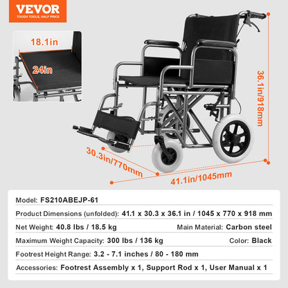 Wheelchair, Carbon Steel Transport Chair for Adults, Foldable Wheelchair with Detachable Armrest, Self-locking Brake, 24-Inch Wide Seat, 300lbs Weight Capacity, for the Disabled Move Freely