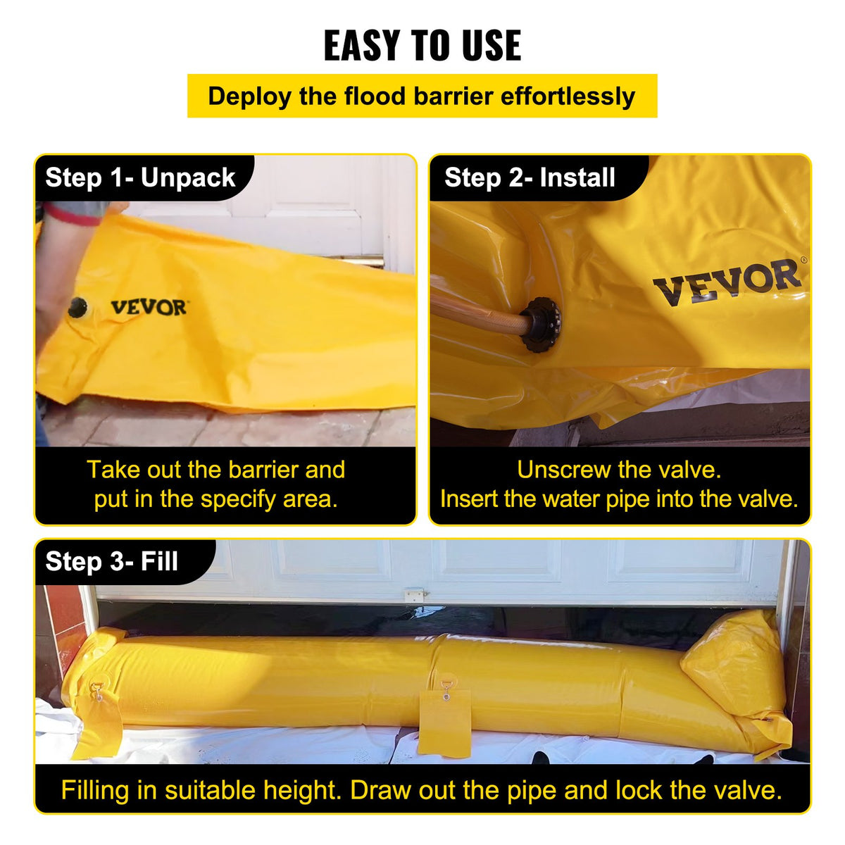 Flood Barrier, 732 × 25.4 × 15.3 cm, Reusable PVC Water Diversion Tubes, Lightweight Hydro Barrier with Excellent Waterproof Effect Used for Doorways, Garages, Yellow