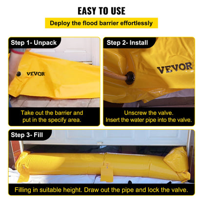 Flood Barrier, 732 × 25.4 × 15.3 cm, Reusable PVC Water Diversion Tubes, Lightweight Hydro Barrier with Excellent Waterproof Effect Used for Doorways, Garages, Yellow