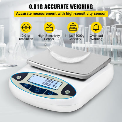 Analytisk våg, 5000 g x 0,01 g noggrannhet, elektronisk analytisk våg med hög precision, 13 enheters konvertering, räknefunktion, LCD-display, för smycken till laboratorieuniversitet (5000 g, 0,01 g)