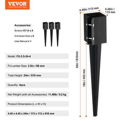 Jordspett för staketstolpar, 4-pack 24 x 4 x 4 tum ytterdiameter (innerdiameter 3,5 x 3,5 tum), metall svart pulverlackerad stolpspett, för brevlådetrappor, trädgårdsräcke