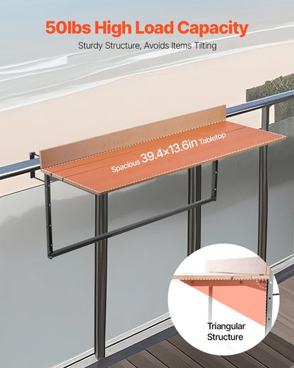 Hängbord för balkong, 15 x 39 tum hopfällbart balkongräckebord, barbord för utomhusbalkong för räcken, justerbart i 5 nivåer, passar räcken från 2,5 cm till 14,3 cm, serveringsbord för uteplats och altan