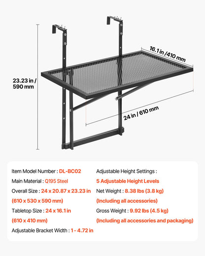 Hängbord för balkong, 45 x 61 cm i metall, fällbart balkongräckebord för utomhusbruk, justerbart barbord för balkongräcken, justerbart i 5 nivåer, passar räcken från 2,5 cm till 11,5 cm, serveringsbord för uteplats och altan