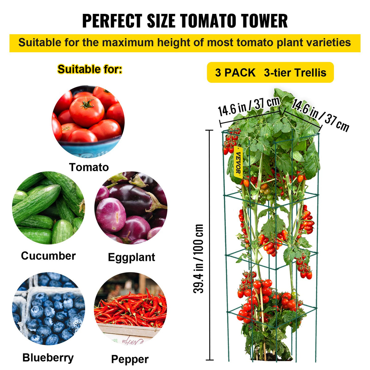 Tomatburar, 35,5 cm x 35,5 cm x 94,5 cm, 3-pack tomatburar för trädgården, fyrkantiga växtstödburar, kraftiga, gröna PVC-belagda ståltomattorn för klättergrönsaker, växter, blommor och frukt