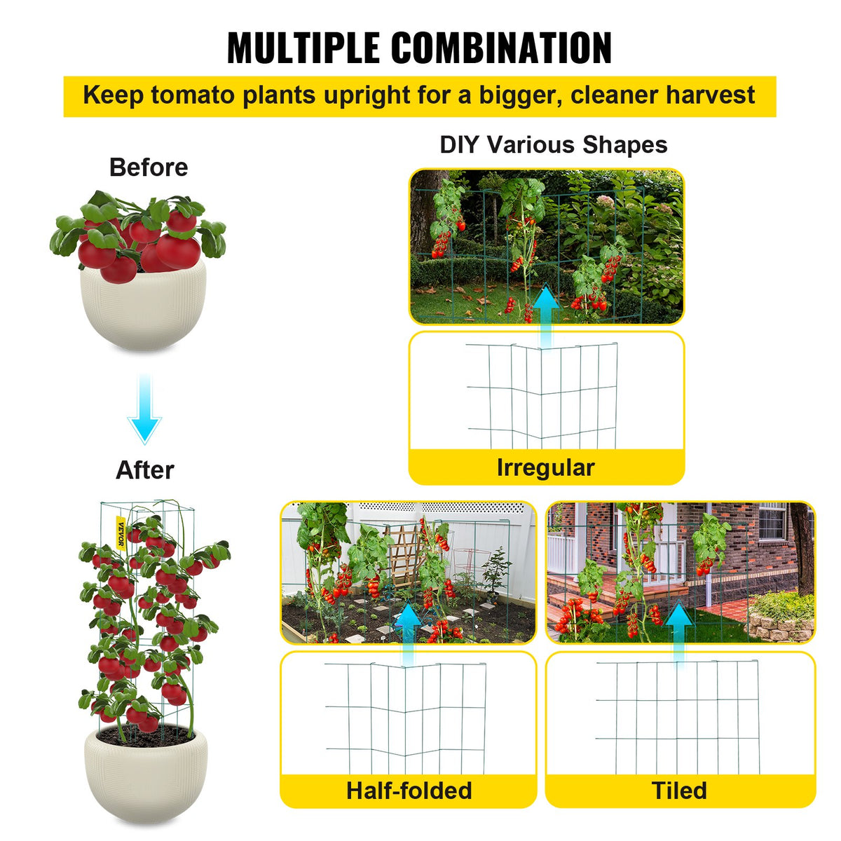 Tomatburar, 35,5 cm x 35,5 cm x 94,5 cm, 3-pack tomatburar för trädgården, fyrkantiga växtstödburar, kraftiga, gröna PVC-belagda ståltomattorn för klättergrönsaker, växter, blommor och frukt