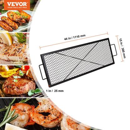 X-Marks Fire Pit Grill Grate, Rectangle Cooking Grate, Heavy Duty Steel Campfire BBQ Grill Grid with Handle & Support X Wire, Portable Camping Cookware for Outside Party Gathering, 44 Inch Black
