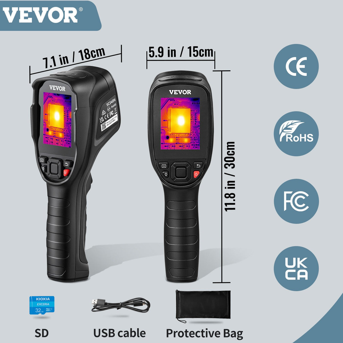 Infraröd värmekamera Värmekamera IR-upplösning 240x180 7,1 cm LCD-skärm