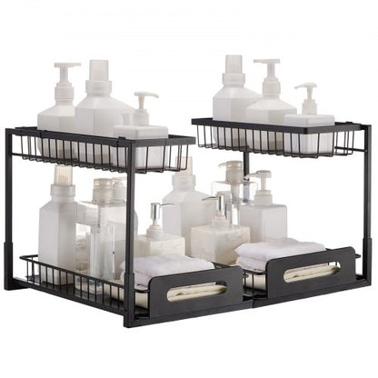 Utdragbart skåp i 2 nivåer (25,7 cm B x 14,2 cm D), förvaring och organisering under diskbänken, utdragbara lådor, trådkorg, 65,8 cm B x 33,8 cm D x 33,8 cm H Installationsstorlek för skåp (2-pack)