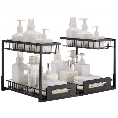 Utdragbart skåp i 2 nivåer (25,7 cm B x 14,2 cm D), förvaring och organisering under diskbänken, utdragbara lådor, trådkorg, 65,8 cm B x 33,8 cm D x 33,8 cm H Installationsstorlek för skåp (2-pack)