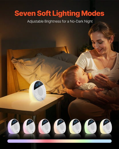 Ljudmaskin, 18 lugnande sömnljud, 7-färgad nattlampa, 6-i-1 ljudmaskin med vitt brus, dubbla larm, app, automatisk avstängningstimer och minnesfunktion, för baby, vuxna, hem, kontor och resor