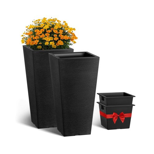 Set med 2 höga utomhuskrukor, 22 tum, stora krukor för utomhus- och inomhusväxter, svarta avsmalnande fyrkantiga krukor för veranda, blomträdskrukor med modern design och inbyggd dränering