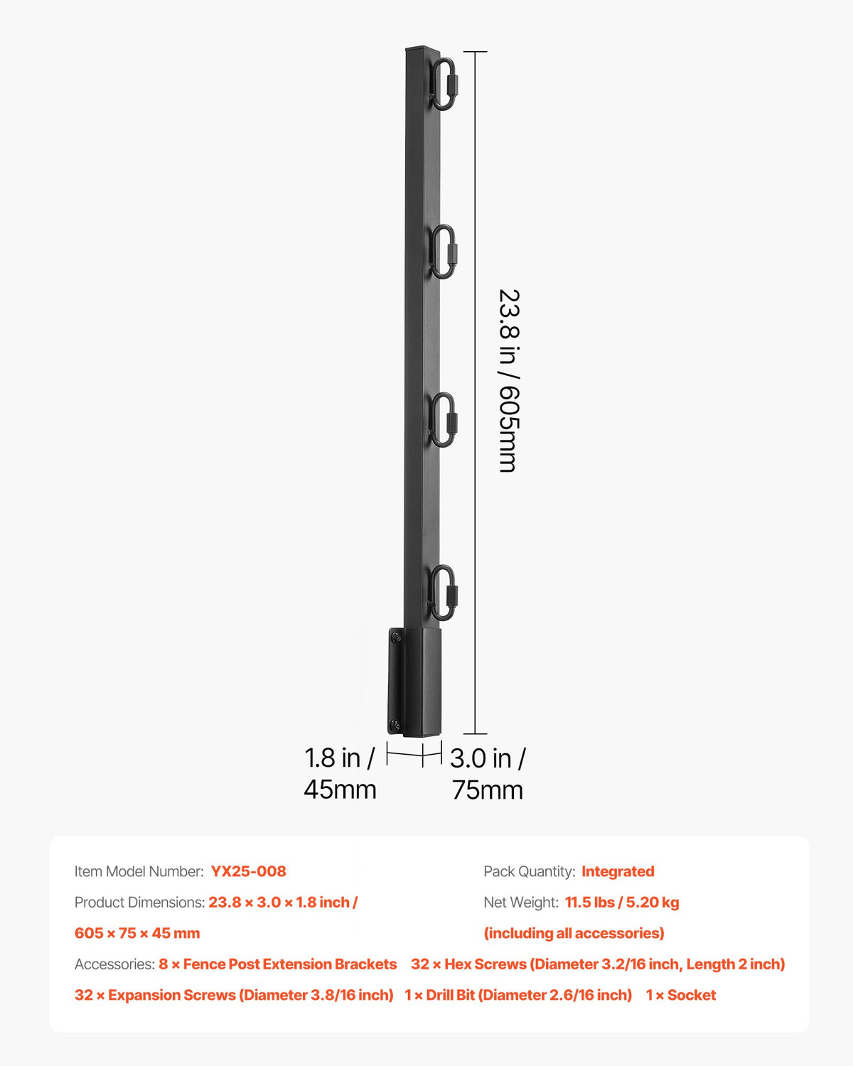Fence Post Extender, 8 Packs 605 mm Barbed Wire Arm, Sturdy Steel Fence Height Extender, Flat or Surface Mounted Barbed Wire Extension Arms, Protect Privacy and Prevent Pets Jumping Off