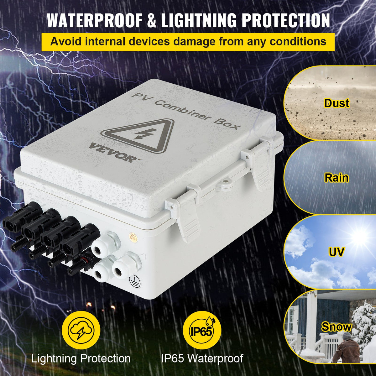 PV Combiner Box, 4 String, Solar Combiner Box with 15A Rated Current Fuse, 63A Circuit Breaker, Lightning Arreste and Solar Connector, for On / Off Grid Solar Panel System, IP65 Waterproof