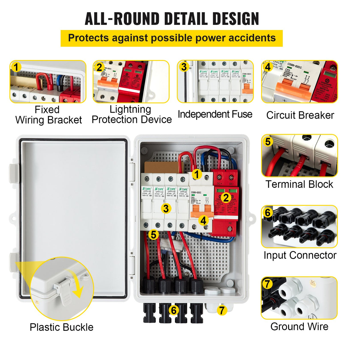 PV Combiner Box, 4 String, Solar Combiner Box with 15A Rated Current Fuse, 63A Circuit Breaker, Lightning Arreste and Solar Connector, for On / Off Grid Solar Panel System, IP65 Waterproof
