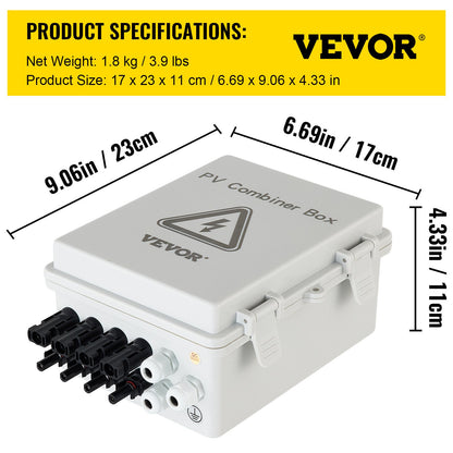 PV Combiner Box, 4 String, Solar Combiner Box with 15A Rated Current Fuse, 63A Circuit Breaker, Lightning Arreste and Solar Connector, for On / Off Grid Solar Panel System, IP65 Waterproof