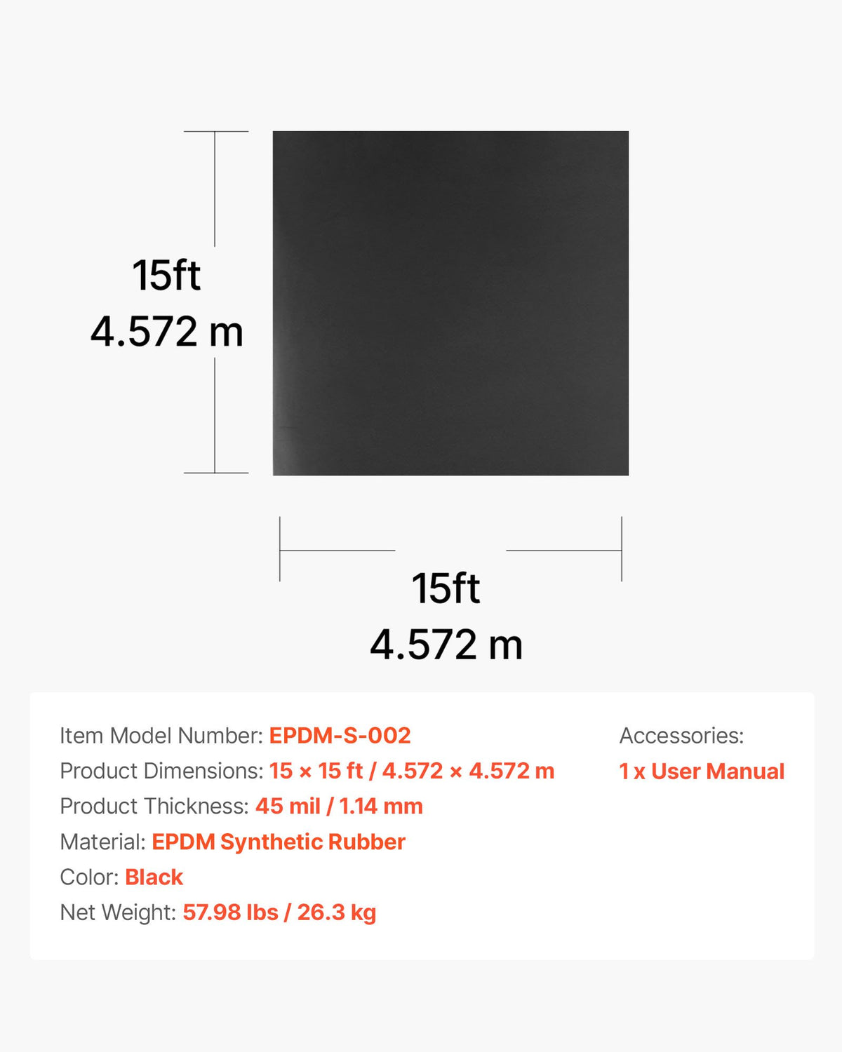 Rulltak, 15 x 15 fot, 45 mil EPDM-gummitak, lång livslängd och väderbeständig, tål hårda temperaturer, flexibel och enkel installation, takunderlag för husbilar, tak, dammar
