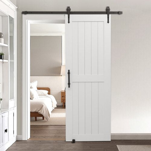 Skjutdörr i ladugård, 762 x 2134 mm, höghållfast MDF-panel, ladugårdsdörr med beslagssats, vattentät PVC-yta, enkel att installera, H-ram, smidig och tyst skjutbar för vardagsrum, badrum