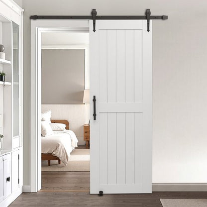 Skjutdörr i ladugård, 762 x 2134 mm, höghållfast MDF-panel, ladugårdsdörr med beslagssats, vattentät PVC-yta, enkel att installera, H-ram, smidig och tyst skjutbar för vardagsrum, badrum
