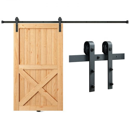 8FT Sliding Barn Door Hardware Kit, 149.7 kg Loading Heavy Duty Barn Door Track Kit for Single Door, Fit 112.8-131.1 cm Wide and 3.3-4.6 cm Thick Door Panel, with Smooth & Silent Pulley (J Shape)